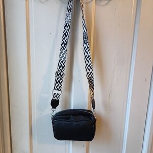 Black Shoulder Bag with Patterned Strap